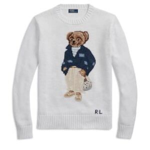 Polo Ralph Lauren Bear Knit Cotton Pullover Sweater, White, Sz Small